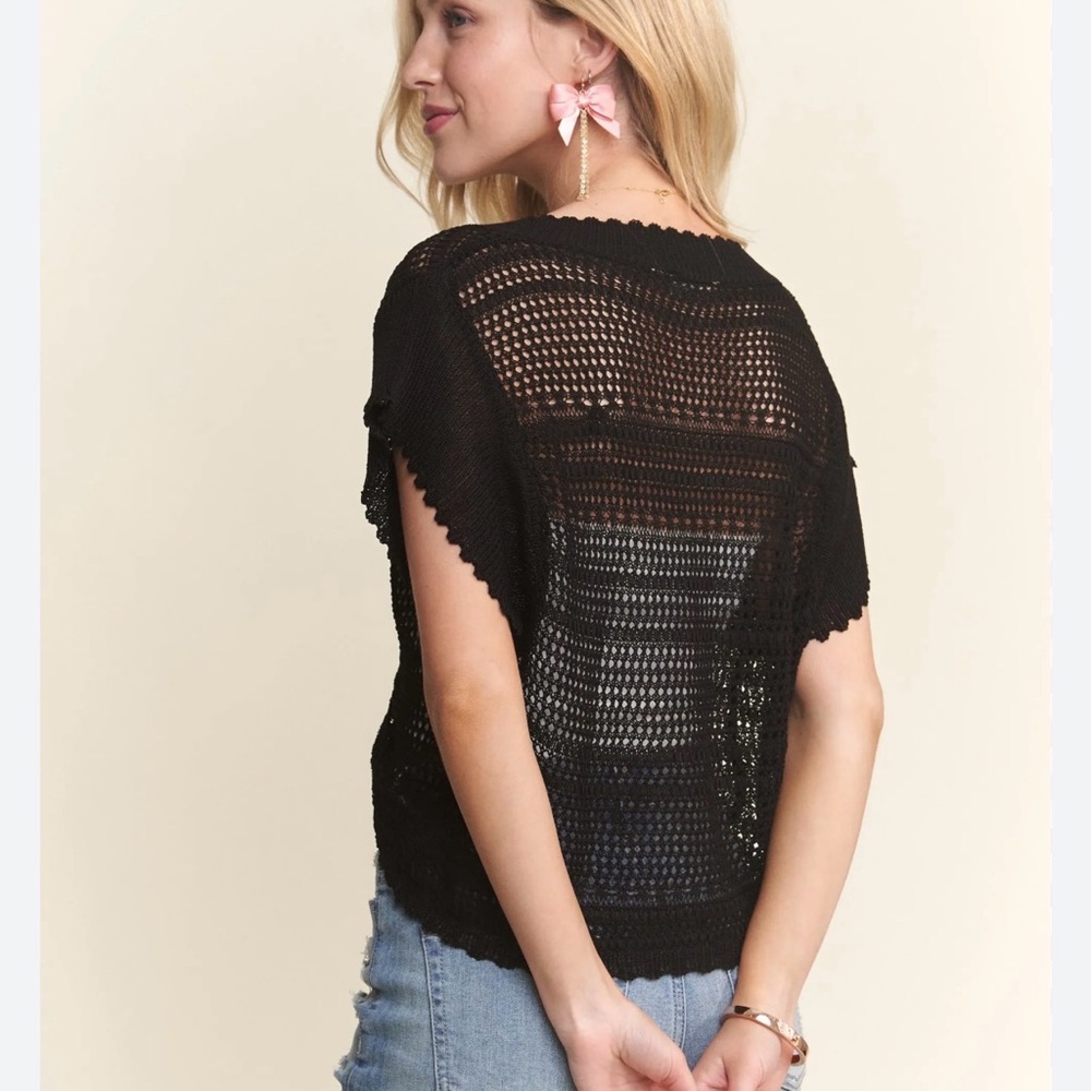 Black Crochet Short Sleeve Women's Top